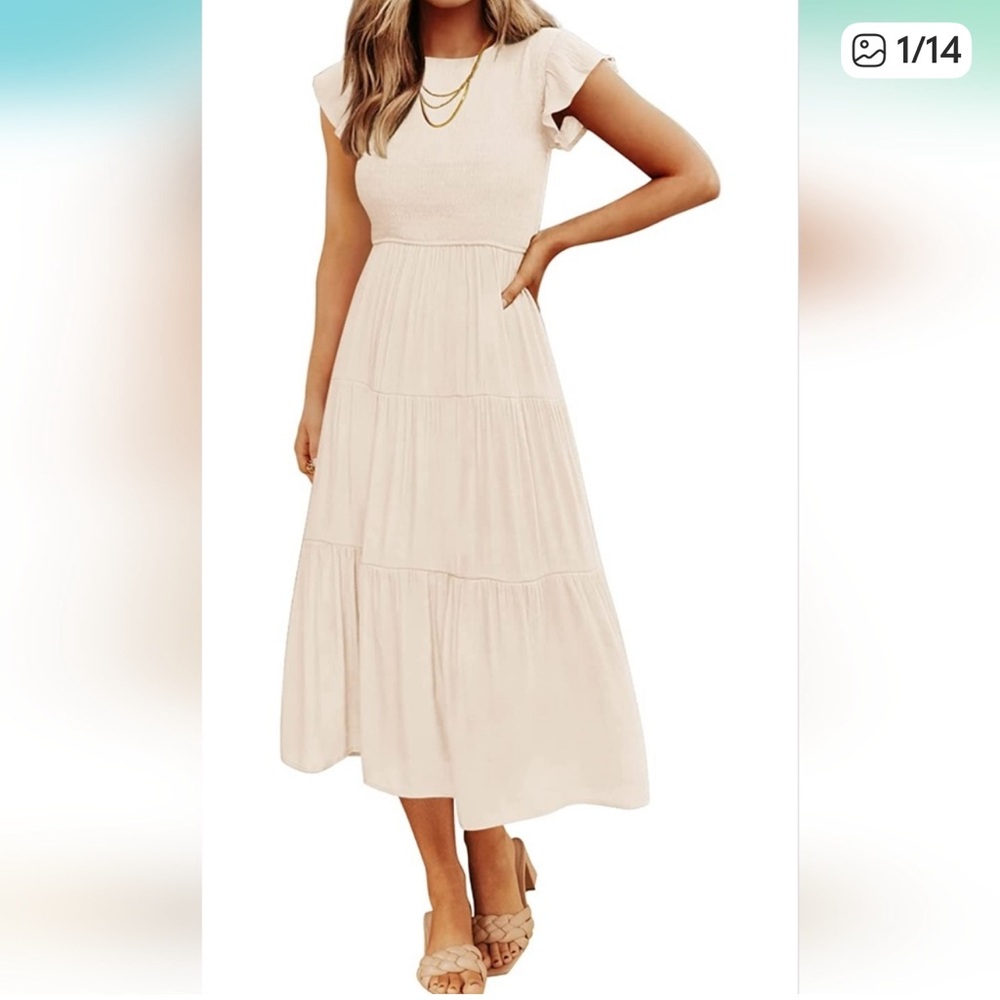 ZESICA Women's Flutter Short Sleeves Smocked Elastic Waist Tiered Midi Dress